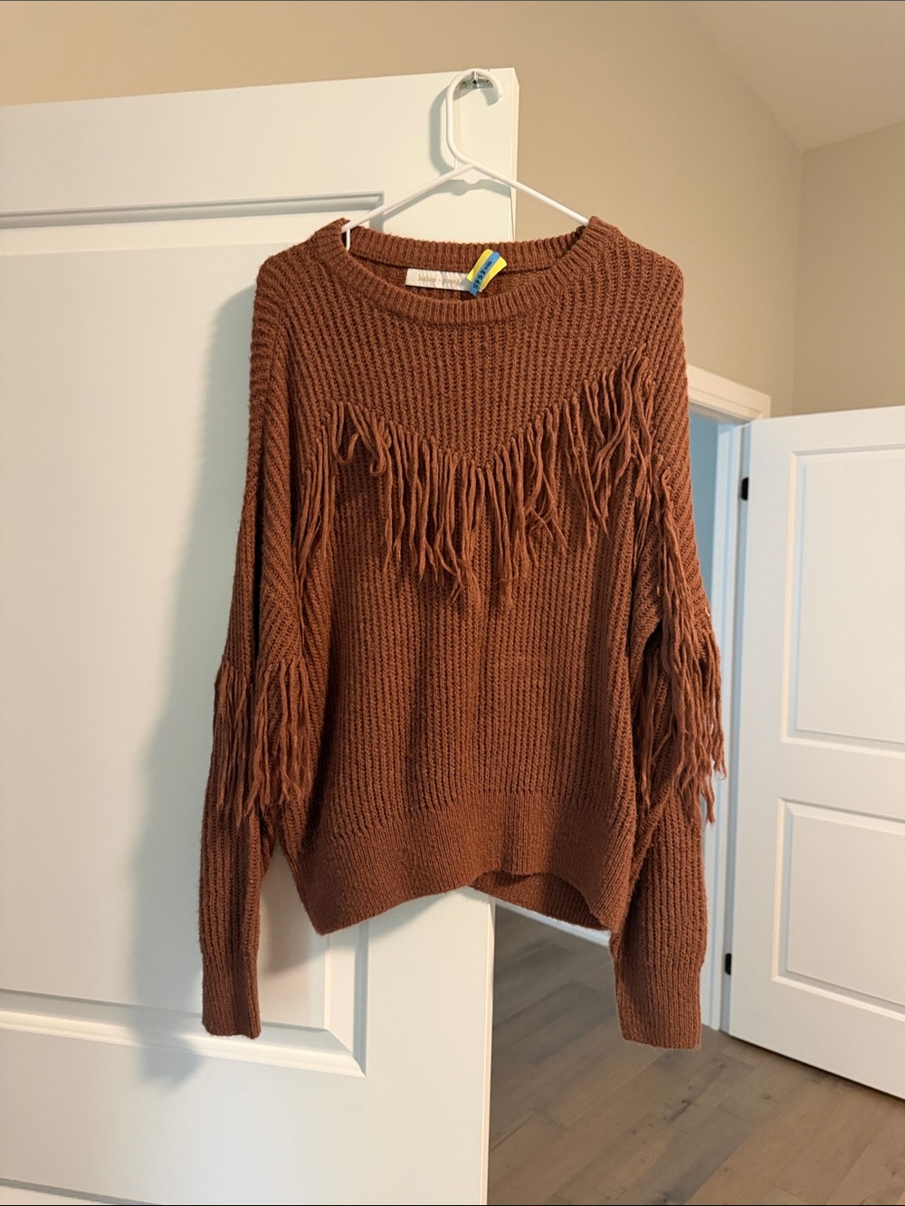 bishop + young Rust/Light Brown Rib-Knit Fringe Sweater